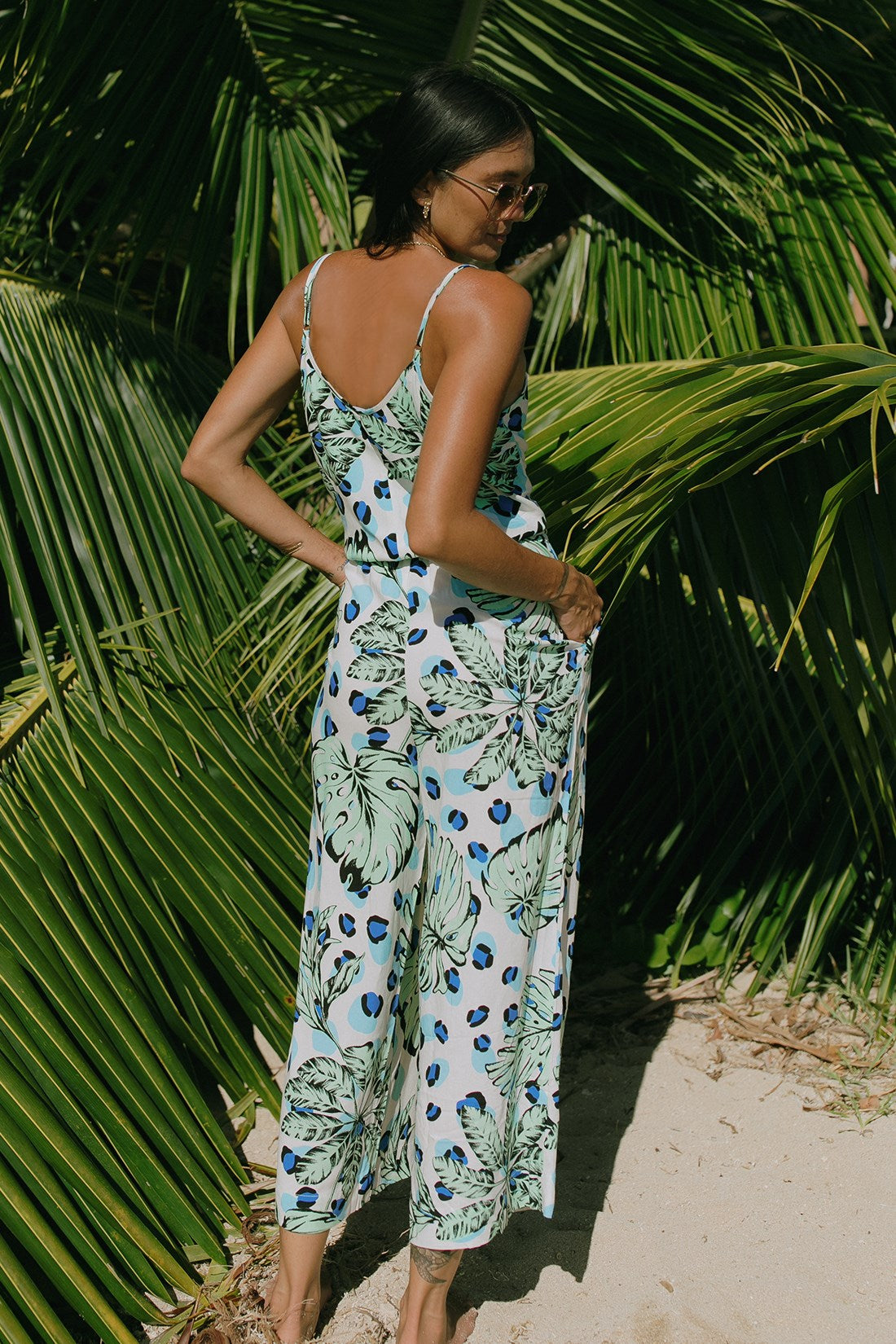 BUTTON-FRONT TIE-WAIST JUMPSUIT-Havana