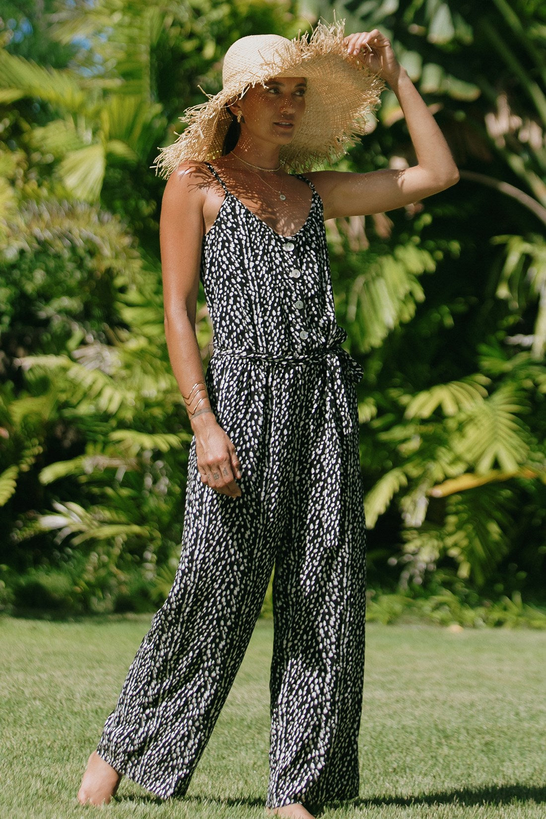 BUTTON-FRONT TIE-WAIST JUMPSUIT-Ibiza