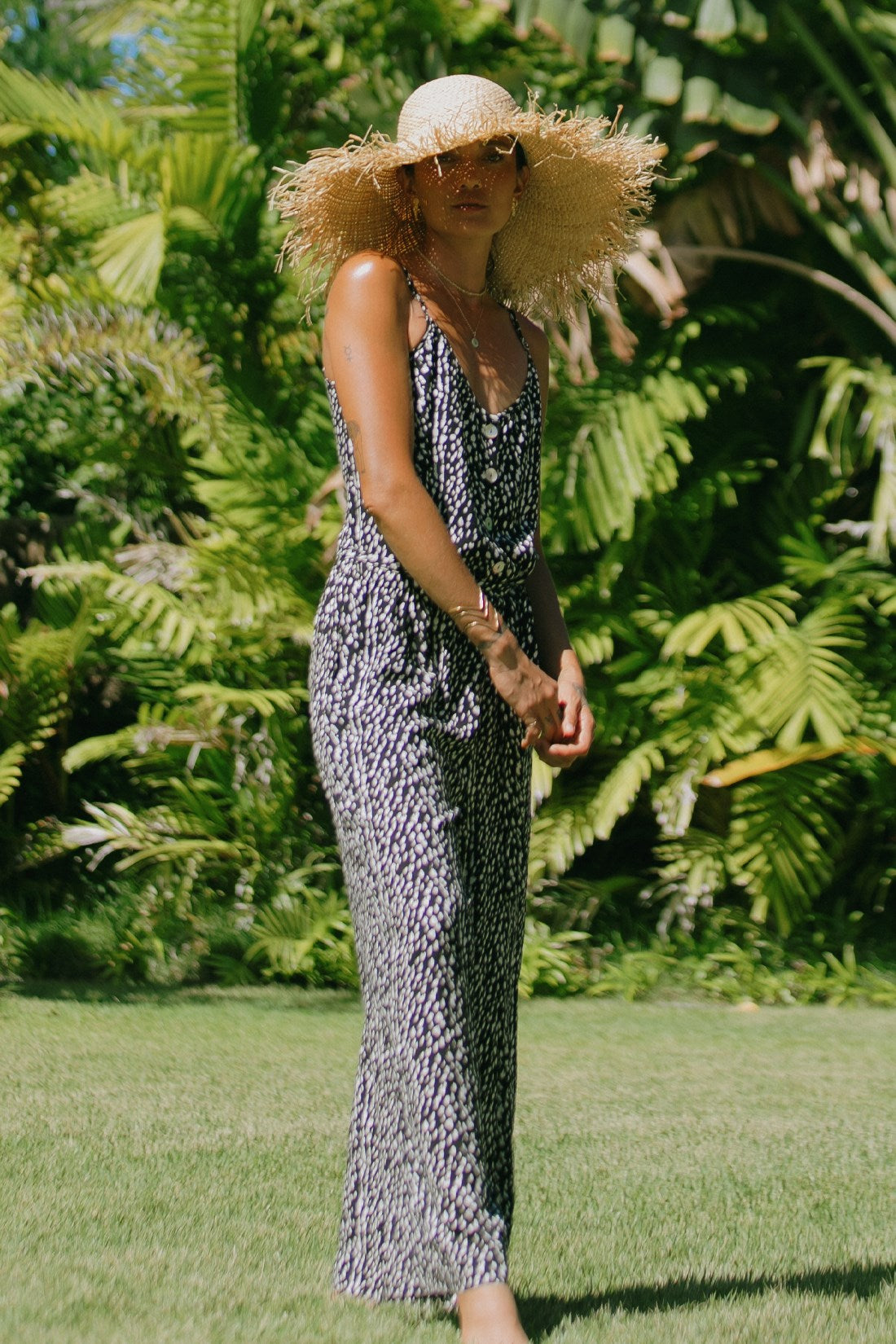 BUTTON-FRONT TIE-WAIST JUMPSUIT-Ibiza