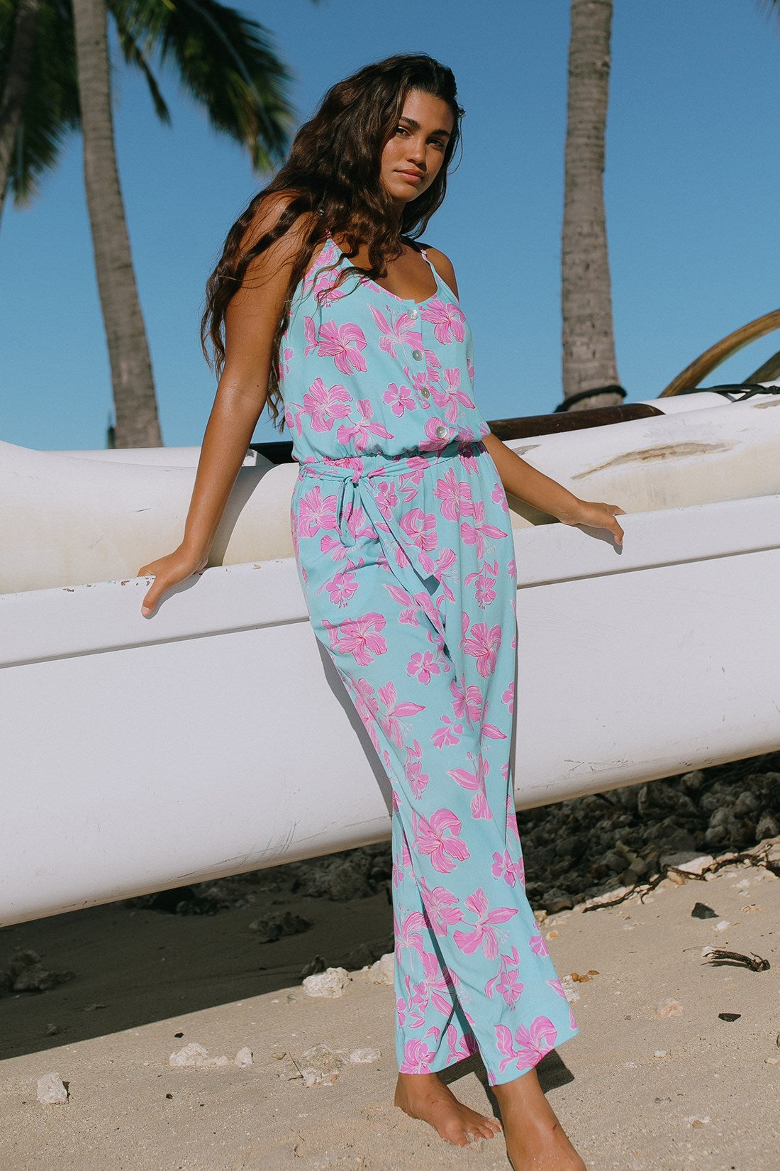 BUTTON-FRONT TIE-WAIST JUMPSUIT-Kihei