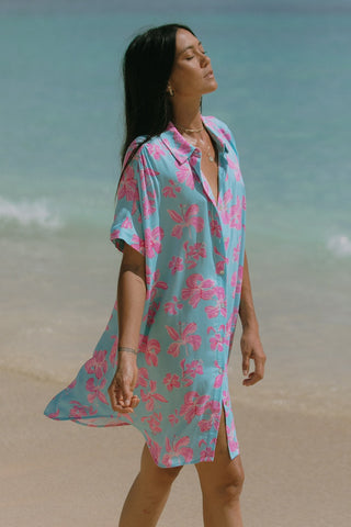 Printed Short-Sleeve Shirt Dress-Kihei