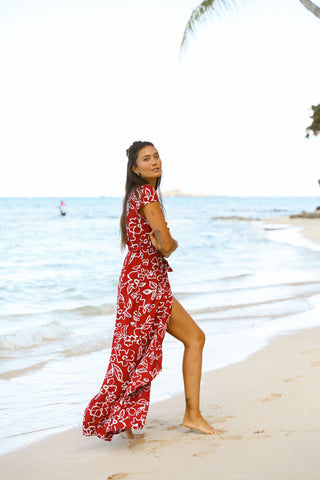 Red Floral Maxi Wrap Dress