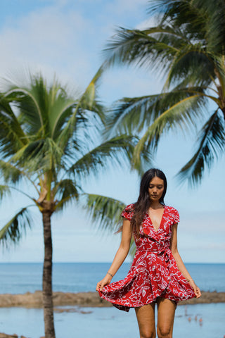 Red Floral Mini Wrap Dress