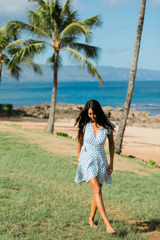 Blue Polka Dot Mini Wrap Dress