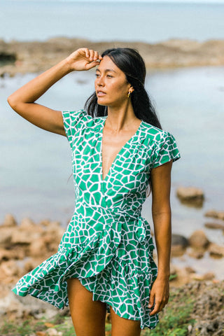 Green Short Sleeve Wrap Dress